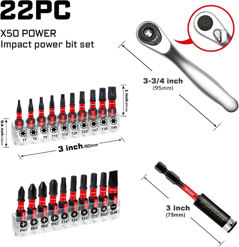 GEINXURN 22pieces Ratchet & Bit Driver Set, Magnetic S2 Steel 1”Insert Bits Tips with Base,Impact Bit Holder and Mini Wrench with Storage Box - Image 2